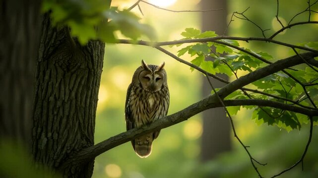 Alert Owl Perching on Branch in Forest During Daytime