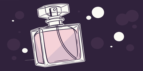 Perfume in antique isolated glass bottle with blurry lights in dark purple background vector illustration.