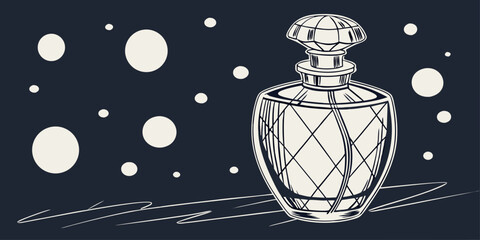Perfume in antique isolated glass bottle with blurry lights in dark navy blue background vector illustration.