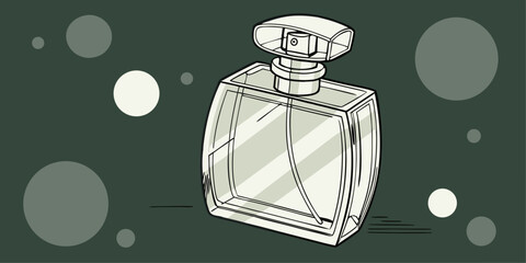 Perfume in antique isolated glass bottle with blurry lights in dark pink background vector illustration.