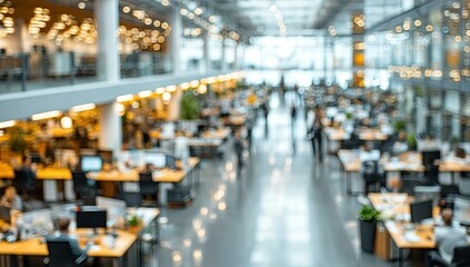 Obraz premium Blurred office interior background with a blurred door and glass wall, blurry bokeh light effect for a business concept design. High-quality photo, taken with a telephoto lens in realistic daylight. 