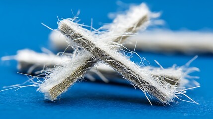 Close-up view of layered and fibrous material against a vibrant blue backdrop showcasing intricate