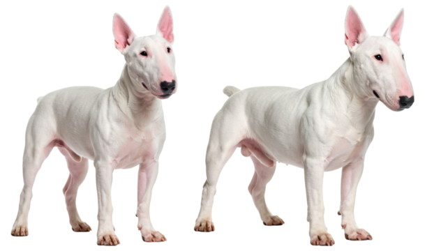 Two white bull terrier dogs studio shots isolated transparent background perfect for breed reference veterinary websites