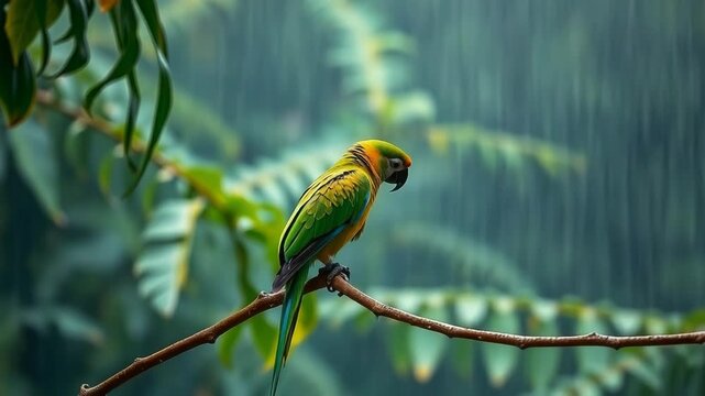 A colorful macaw parrot sits on a branch in the rain, its feathers glistening with water droplets