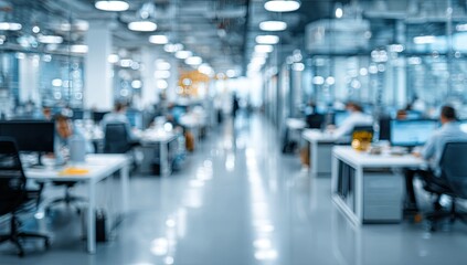 Fototapeta premium Blurred office interior background with a blurred door and glass wall, blurry bokeh light effect for a business concept design. High-quality photo, taken with a telephoto lens in realistic daylight.