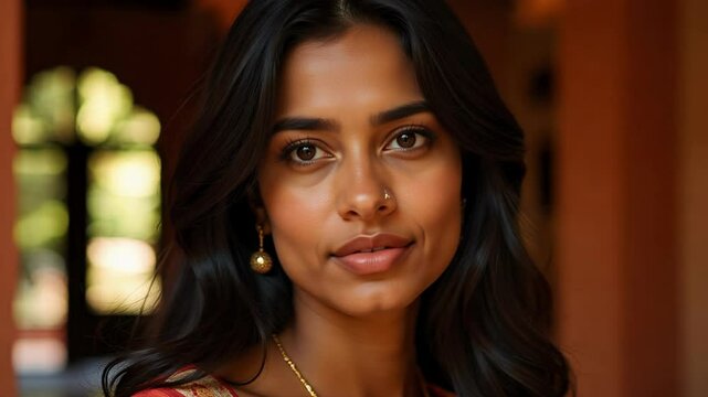 Serene South Indian woman with kohl eyeliner radiates timeless beauty and elegance in terracotta tones, captured in a close-up evoking traditional settings.