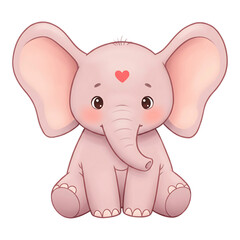 Fototapeta premium Pink baby elephant sitting with big ears and cute eyes in adorable children�s cartoon illustration