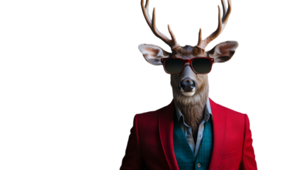 Stylish deer with sunglasses and suit jacket on black background for fashion and animal lovers design isolated on transparent background