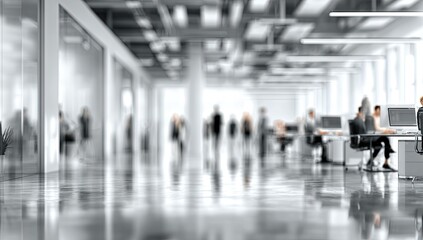 Blurred office interior background with a blurred door and glass wall, blurry bokeh light effect for a business concept design. High-quality photo, taken with a telephoto lens in realistic daylight.