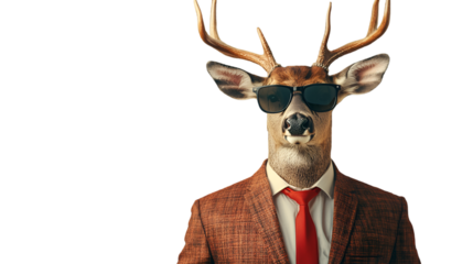 Deer in suit with sunglasses animal anthropomorphic portrait photography for wall art and decor design isolated on transparent background