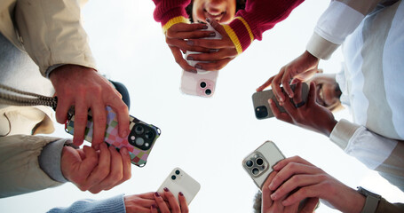 People, hands and network with phone below in circle for social media, data sync or sharing app....