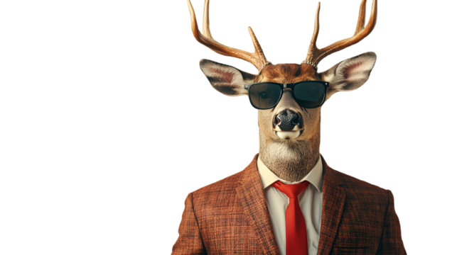 Deer in suit with sunglasses animal anthropomorphic portrait photography for wall art and decor design isolated on transparent background - Powered by Adobe