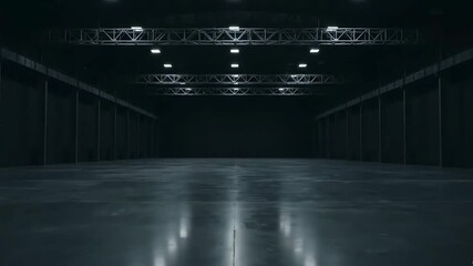 A slow dolly shot through a vast empty and dark warehouse with a polished concrete floor a perfect setting for industrial or commercial product showcases - Powered by Adobe