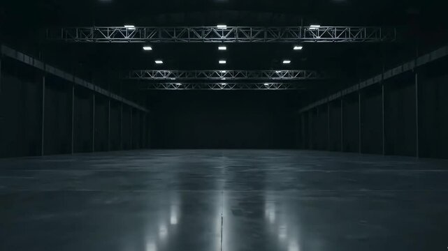 A slow dolly shot through a vast empty and dark warehouse with a polished concrete floor a perfect setting for industrial or commercial product showcases