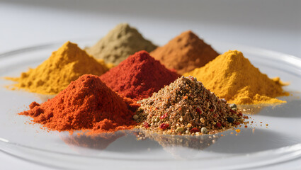 Colorful heap of traditional Indian spice powders &mdash; turmeric, garam masala, red chili, curry &mdash; arranged neatly, isolated on transparent background, realistic textures