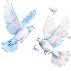 Obraz premium Elegant watercolor illustration of two white s flying with soft pink purple butterflies on a white background