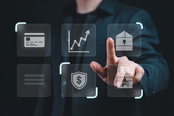 Person interacting with digital interface displaying financial and security icons financial icons credit card