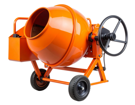 Angled Front View of Orange Cement Mixer with Tilting Drum isolated on transparent background PNG