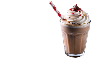 A delicious chocolate milkshake topped with whipped cream, red sprinkles, and chocolate shavings, served in a glass with a red and