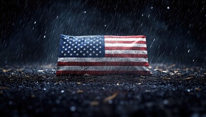 American flag, drenched in rain, rests on dark soil