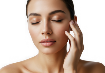 Woman with closed eyes touching her face in a gentle manner on transparent background