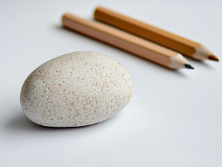 Smooth White Stone with Natural Texture and Wooden Pencils Background