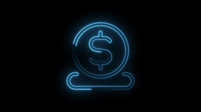 Neon style animated dollar coin glowing on black background ideal for finance and cryptocurrency projects