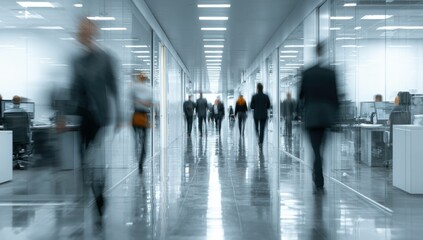 Blurred office interior background with a blurred door and glass wall, blurry bokeh light effect for a business concept design. High-quality photo, taken with a telephoto lens in realistic daylight.