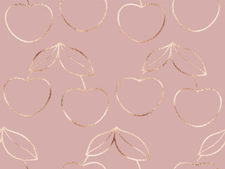 Geometric fruit seamless pattern with rose gold cherry ornament.