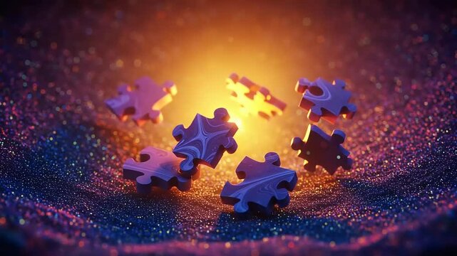 Colorful puzzle pieces glowing in a sparkly background