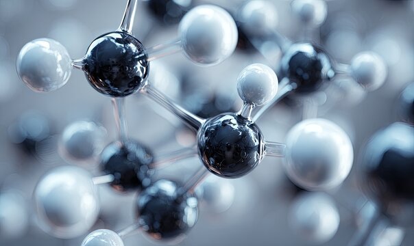 A 3D rendering of a complex molecule, showcasing dark and light spheres interconnected by translucent rods against a muted background