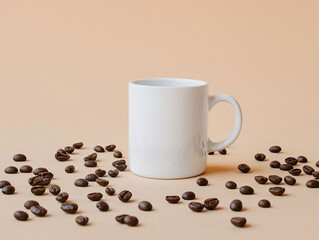 Minimalist Coffee Mug With Coffee Beans On Simple Background