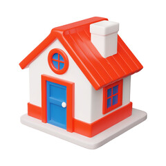 3D vector house icon in red blue colors with a round window, door, pipe, from different sides. Mortgage, real estate theme. Isolated building in cartoon style. Render. Illustration.