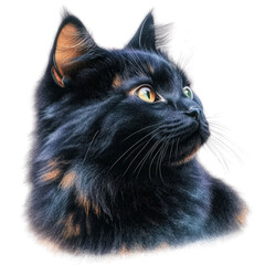Close-up of a beautiful long-haired black cat with green eyes looking attentively to the side