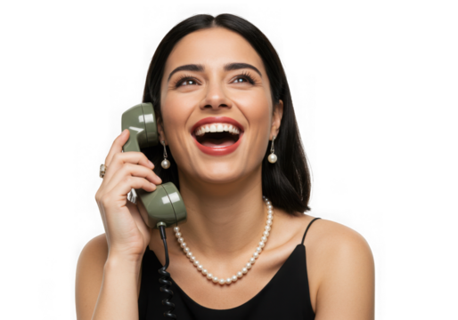 Woman laughing while holding a vintage style telephone receiver on transparent background