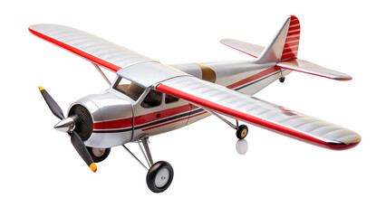 A detailed silver and red model airplane with a propeller and wings, isolated on a white background