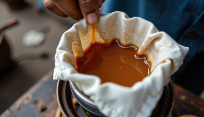 Freshly brewed chai being filtered through cloth, showcasing rich, warm color and texture of tea. process highlights traditional method of making