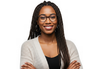 Portrait of woman with braids, glasses, and cardigan smiling on transparent background