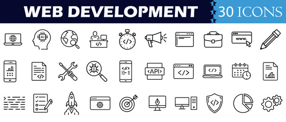Web development set of web icons . Developer icons for web and mobile app. Code, api, programmer coding, app, flow, node connect, web coder, bug fix and more. Vector illustration