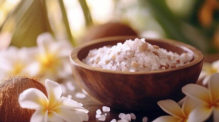 Wooden bowl of pink-tinged sea salt, surrounded by coconuts and plumeria blossoms in a spa setting