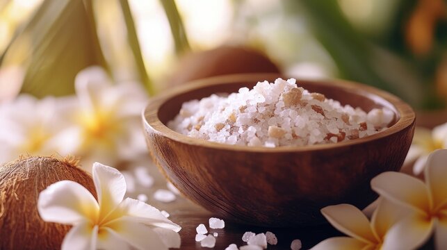 Wooden bowl of pink-tinged sea salt, surrounded by coconuts and plumeria blossoms in a spa setting