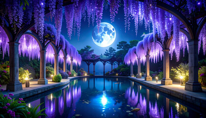 Moonlit Courtyard with Wisteria Vines and Arched Pergolas
