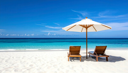 Obraz premium Two Empty Wooden Beach Chairs Under White Umbrella on Idyllic White Sand Beach with Turquoise Ocean and Blue Sky