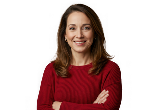 Portrait of a smiling woman with arms crossed in a red sweater on transparent background