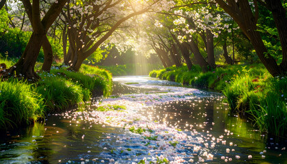 Dappled Sunlight Filters Through Canopy Over Serene Stream