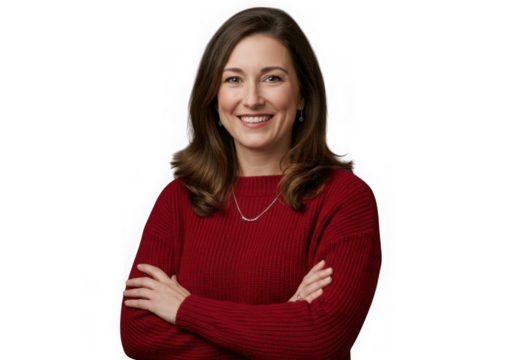 Portrait of woman smiling in red sweater with folded arms pose on transparent background - Powered by Adobe