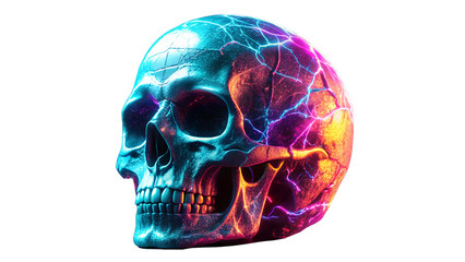 A vibrant, electric skull with neon lightning cracks, isolated on transparent background