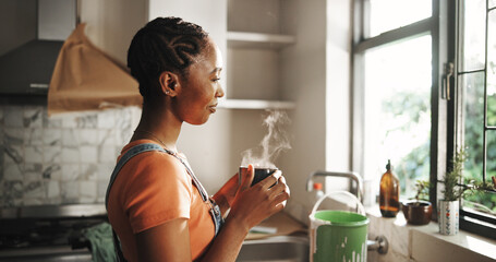 Thinking, coffee and happy black woman in kitchen for vision, inspiration and peace. Reflection,...