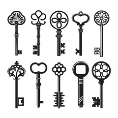 A collection of antique skeleton keys, some with intricate designs, perfect for illustrating themes of security, retro style, or unlocking new possibilities