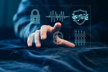 Person interacting with digital security interface icons cybersecurity digital interface